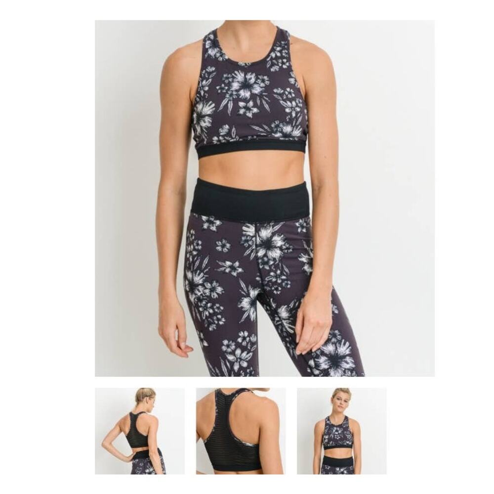 Mono B Sports Bra Racerback Ribbed Mesh Plum Hibiscus Large